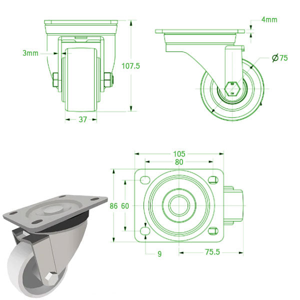 Light Gray 75mm Heavy Duty Swivel, Fixed & Braked Castors Solid White Nylon Wheel 400Kg Load Capacity