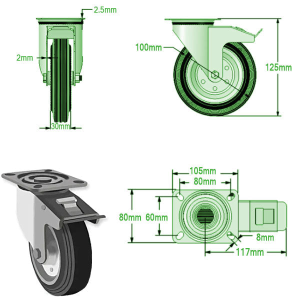 Light Gray 100mm Medium Duty Swivel, Fixed & Braked Casters Black Rubber Tyre/Steel Centred Wheel 70kg Load Capacity