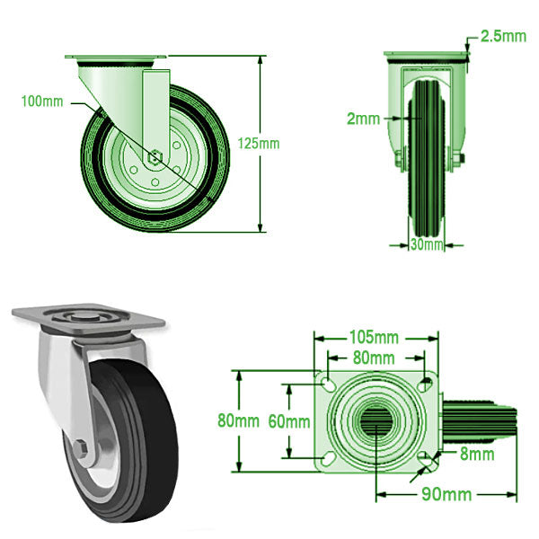 Light Gray 100mm Medium Duty Swivel, Fixed & Braked Casters Black Rubber Tyre/Steel Centred Wheel 70kg Load Capacity