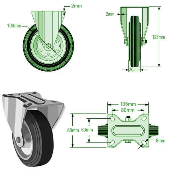 Light Gray 100mm Medium Duty Swivel, Fixed & Braked Casters Black Rubber Tyre/Steel Centred Wheel 70kg Load Capacity