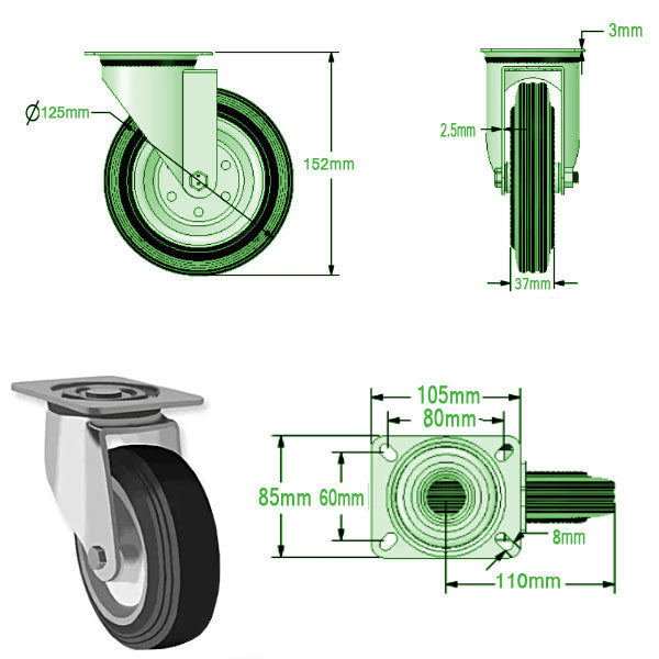 Light Gray 125mm Medium Duty Swivel, Fixed & Braked Casters Rubber/Steel Wheel 100Kg Load Capacity