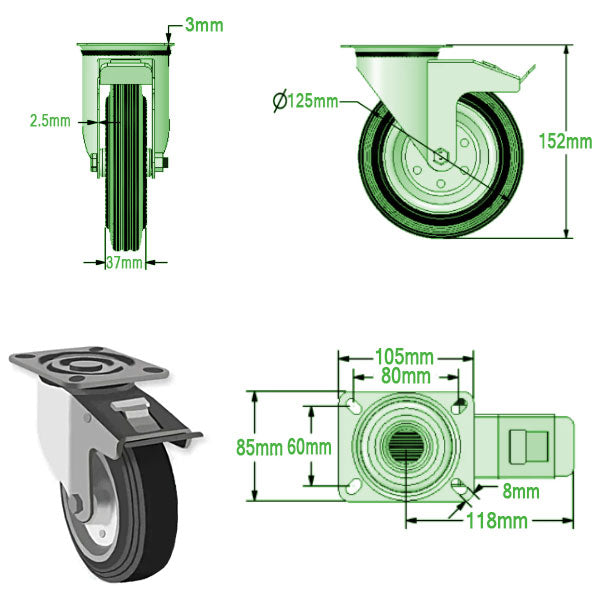 Light Gray 125mm Medium Duty Swivel, Fixed & Braked Casters Rubber/Steel Wheel 100Kg Load Capacity