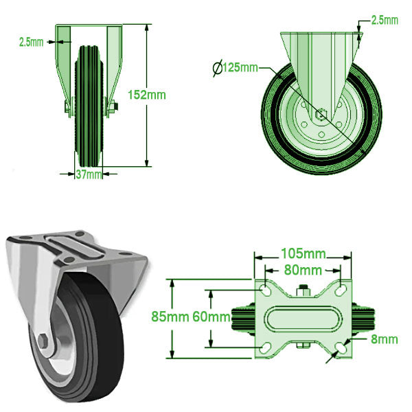 Dark Slate Gray 125mm Medium Duty Swivel, Fixed & Braked Casters Rubber/Steel Wheel 100Kg Load Capacity