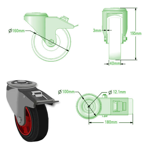 Light Gray 160mm Swivel & Braked Castors with Black Rubber Tyred Wheel Plastic Centre, Single Bolt Fixing 205Kg Load Capacity