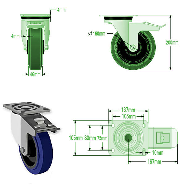 Dark Slate Gray 160mm Swivel, Fixed & Total Stop Braked Castors with Blue Elastic Rubber Tyred Wheel 350Kg Load Capacity