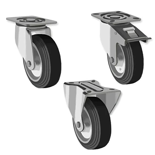 Dark Slate Gray 160mm Swivel, Fixed & Braked Castors with Black Rubber Tyred Wheel Steel center 135Kg Load Capacity