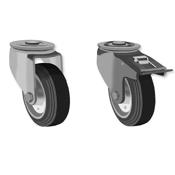 Dark Slate Gray 160mm Swivel & Braked Castors with Black Rubber Tyred Wheel Steel Centre, Single Bolt Fixing 135kg Load Capacity