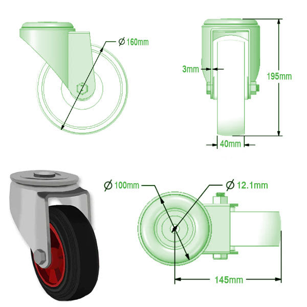 Light Gray 160mm Swivel & Braked Castors with Black Rubber Tyred Wheel Plastic Centre, Single Bolt Fixing 205Kg Load Capacity