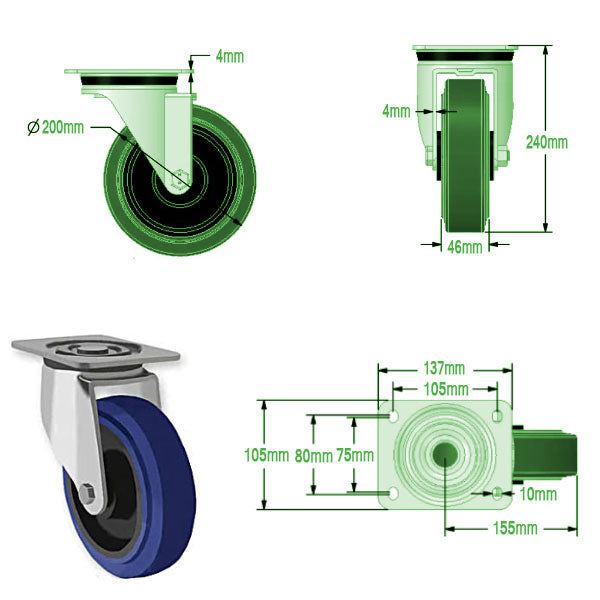 Dark Slate Gray 200mm Swivel, Fixed & Braked Castors with Blue Elastic Rubber Tyred Wheel Total Stop Brake 400kg Load Capacity