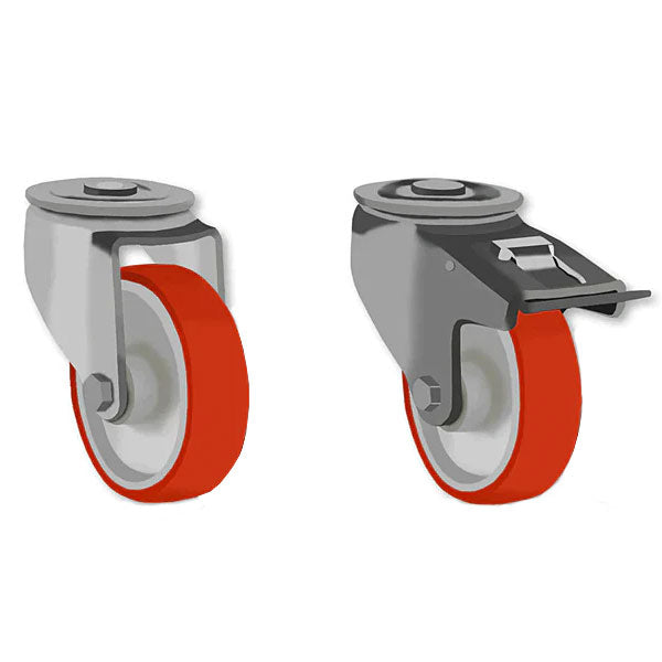 Dark Gray 200mm Swivel & Braked Castors with PolyurethaneTyred Wheel Nylon Centre & Roller Bearing, Single Bolt Fixing 350Kg Load Capacity