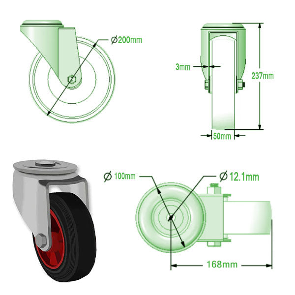 Light Gray 200mm Swivel & Braked Castors with Black Rubber Tyred Wheel Plastic Centre, Single Bolt Fixing 205kg Load Capacity