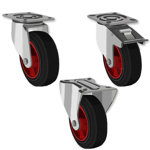 Light Gray 200mm Swivel, Fixed & Braked Castors with Black Rubber Tyred Wheel Plastic center 205kg Load Capacity