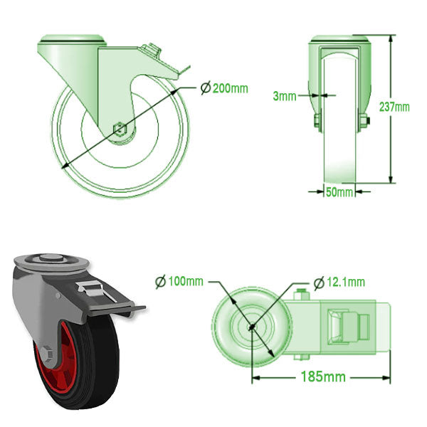 Light Gray 200mm Swivel & Braked Castors with Black Rubber Tyred Wheel Plastic Centre, Single Bolt Fixing 205kg Load Capacity