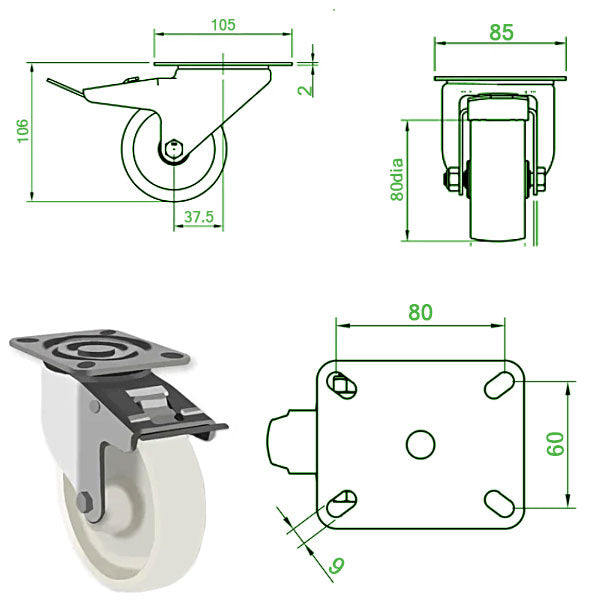 Dark Slate Gray 80mm Medium Duty Swivel, Fixed & Braked Castors White Nylon Wheel 150Kg Load Capacity