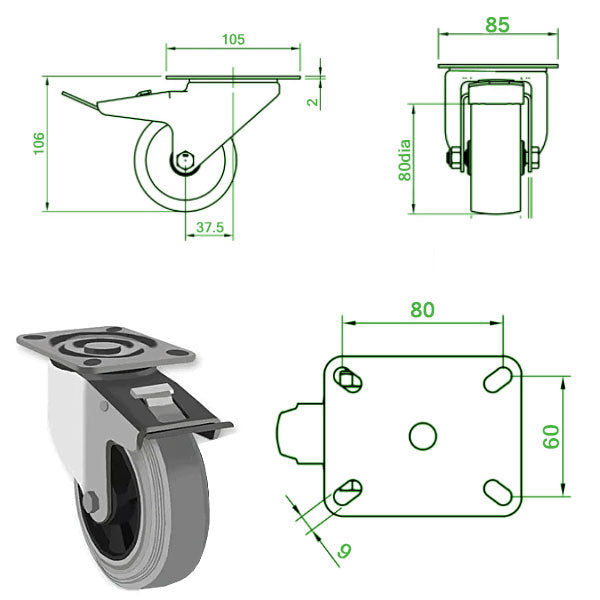 Light Gray 80mm Swivel, Fixed & Total Stop Brake Castors Grey Rubber Wheel 70kg Load Capacity