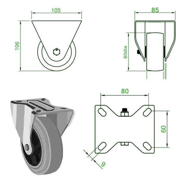 Light Gray 80mm Swivel, Fixed & Total Stop Brake Castors Grey Rubber Wheel 70kg Load Capacity