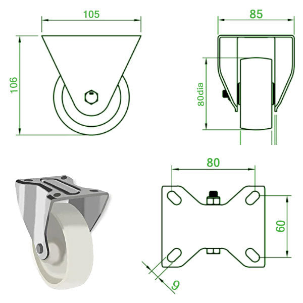 Light Gray 80mm Medium Duty Swivel, Fixed & Braked Castors White Nylon Wheel 150Kg Load Capacity