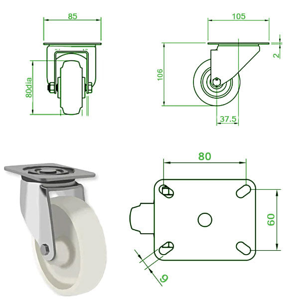 Light Gray 80mm Medium Duty Swivel, Fixed & Braked Castors White Nylon Wheel 150Kg Load Capacity