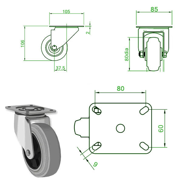 Light Gray 80mm Swivel, Fixed & Total Stop Brake Castors Grey Rubber Wheel 70kg Load Capacity