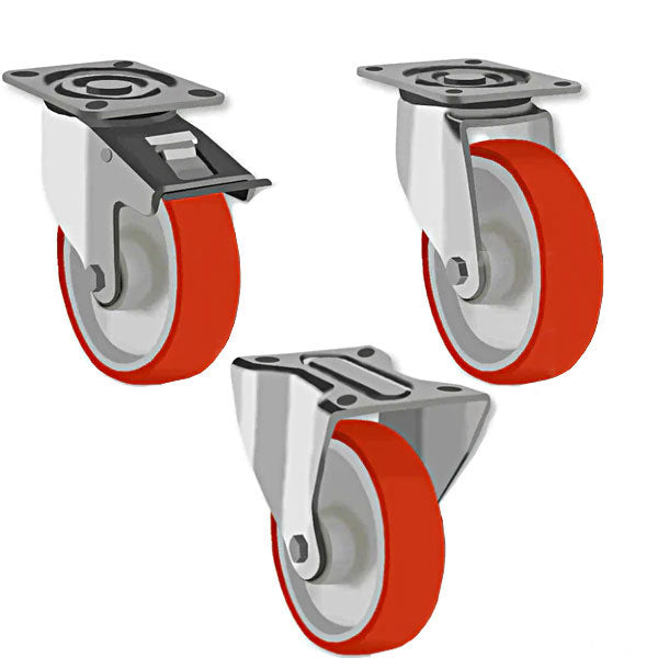 Gray 80mm Medium Duty Swivel, Fixed & Braked Castors with Red Polyurethane Wheel 150kg Load Capacity