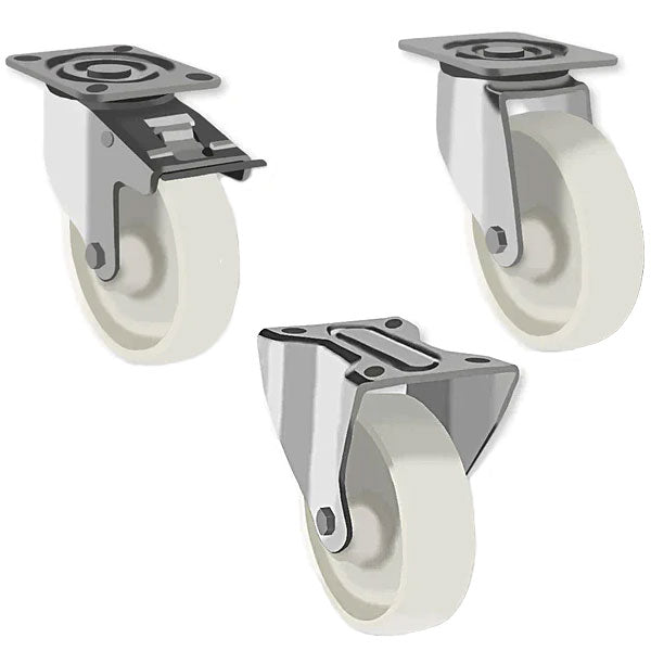 Gray 80mm Medium Duty Swivel, Fixed & Braked Castors White Nylon Wheel 150Kg Load Capacity