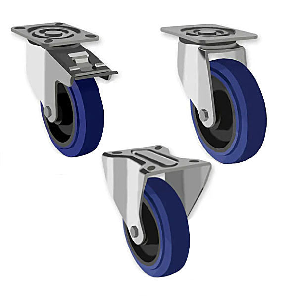 Dark Slate Gray 80mm Medium Duty Swivel, Fixed & Braked Castors with Blue Elastic Rubber Wheels 150kg Load Capacity