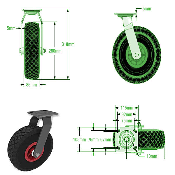 Beige 260mm Pneumatic Industrial Swivel Castor with Plastic Wheel Fitted With Pneumatic Tyre - 136KG Load Capacity