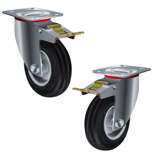 80mm to 200mm Pressed Steel Swivel Castor with Rubber Wheel and Directional Brake, Double Ball Bearing, Zinc-Plated Bracket, 60-180Kg Load Capacity