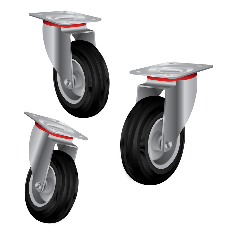 80mm to 200mm Pressed Steel Swivel Castor with Rubber Wheel, Double Ball Bearing, Zinc-Plated Bracket, 60-180Kg Load Capacity, Black Rubber Tyre