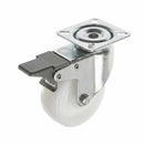 White Smoke 75mm Pressed Steel Swivel Castor Wheel with Brake - White Nylon Wheel & 4-Hole Top Plate - 75kg Load
