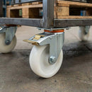 Pressed Steel Swivel Castors with Brake & White Nylon Wheels - 80mm-200mm, 120kg-230kg Load