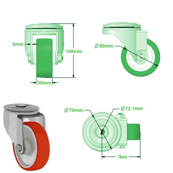 Light Gray 80mm Heavy Duty Bolt Hole Braked Swivel & Braked Castors Red Polyurethane Wheel Roller Bearing 150Kg Load Capacity