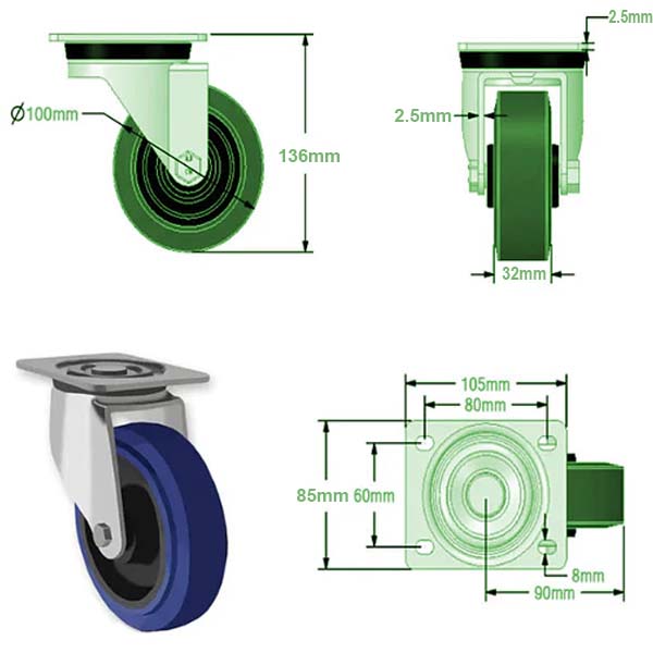 Dark Slate Gray 100mm Medium Duty Swivel, Fixed & Braked Casters Blue Elastic Non Marking Wheel 160kg Load Capacity