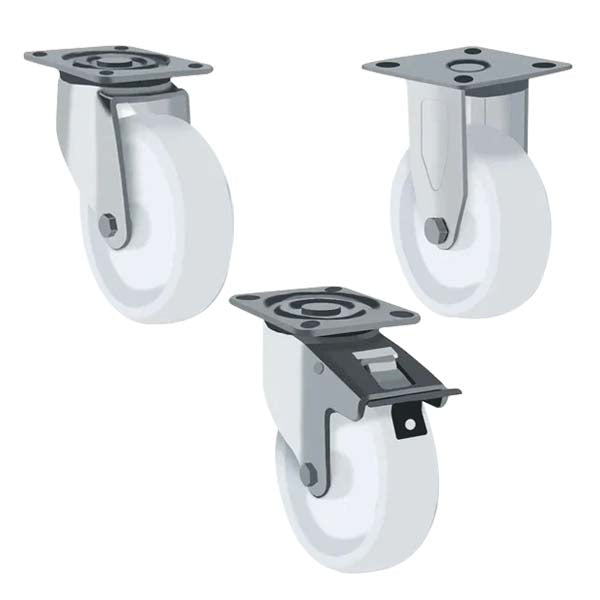 Light Gray 50mm Stainless Steel Swivel, Fixed & Total Stop Braked Castor With Nylon Wheel 40kg Load Capacity