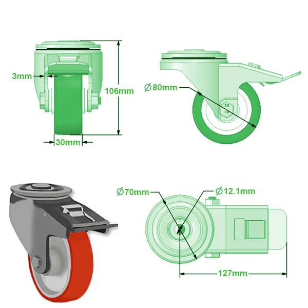 Light Gray 80mm Heavy Duty Bolt Hole Braked Swivel & Braked Castors Red Polyurethane Wheel Roller Bearing 150Kg Load Capacity