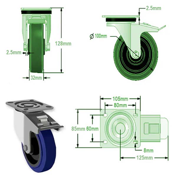 Dark Slate Gray 100mm Medium Duty Swivel, Fixed & Braked Casters Blue Elastic Non Marking Wheel 160kg Load Capacity