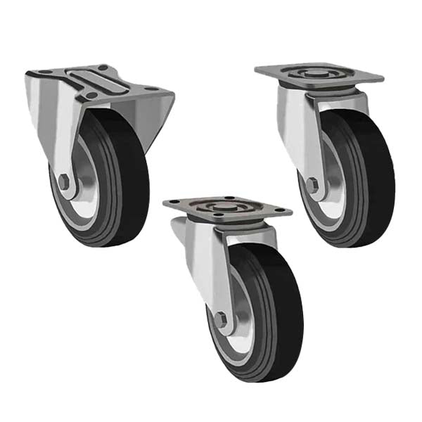 Dark Slate Gray 200mm Swivel, Fixed & Brake Waste Container Castors with Black Rubber Tyre, Steel Centre Wheel