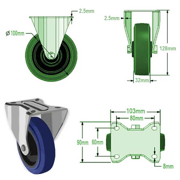 Dark Slate Gray 100mm Medium Duty Swivel, Fixed & Braked Casters Blue Elastic Non Marking Wheel 160kg Load Capacity