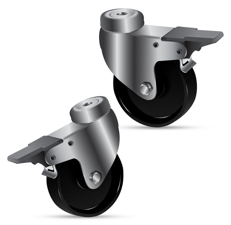 100mm M10 Bolt Hole Swivel Castor with Brake, Black Polypropylene Wheel, 85kg Load Capacity, Plain Bearing, Foot Operated Brake, Heavy Duty Castor.