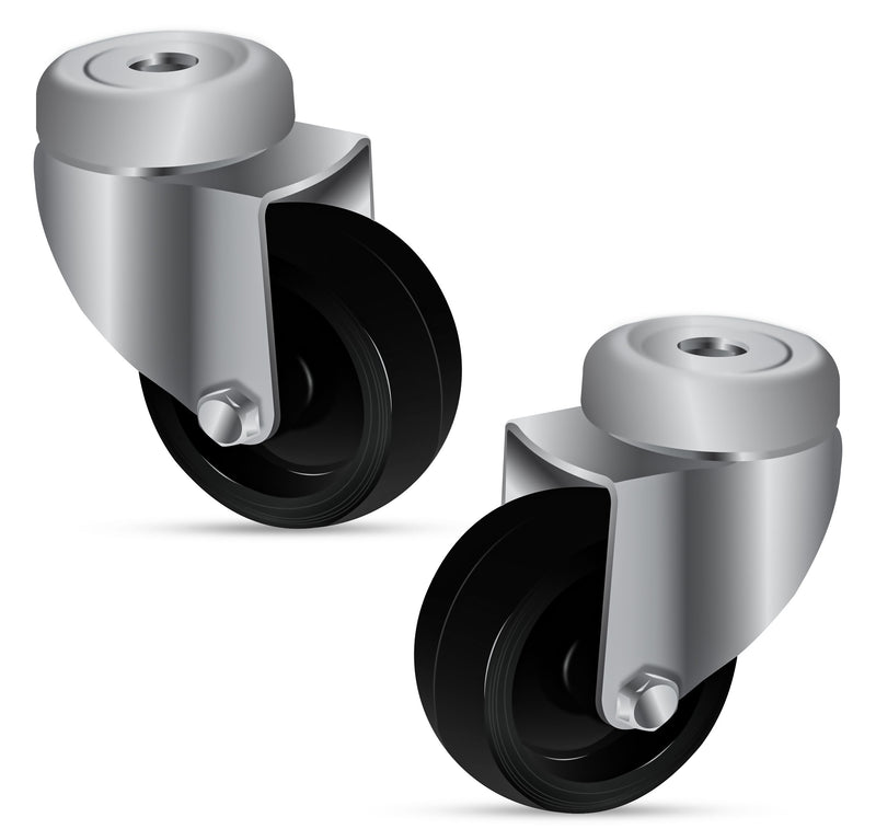 50mm Bolt Hole Castors, Black Polypropylene Wheel, 10mm Bolt Hole, 65kg Load Capacity, Light Duty Pressed Steel Swivel, 73mm Height, Tread Width 22mm