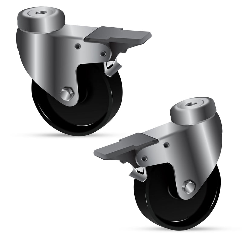 75mm Swivel Braked Castors with 10mm Bolt Hole, Black Polypropylene Wheel, 75kg Load Capacity, Foot Operated Brake, Ideal for Mobile Furniture