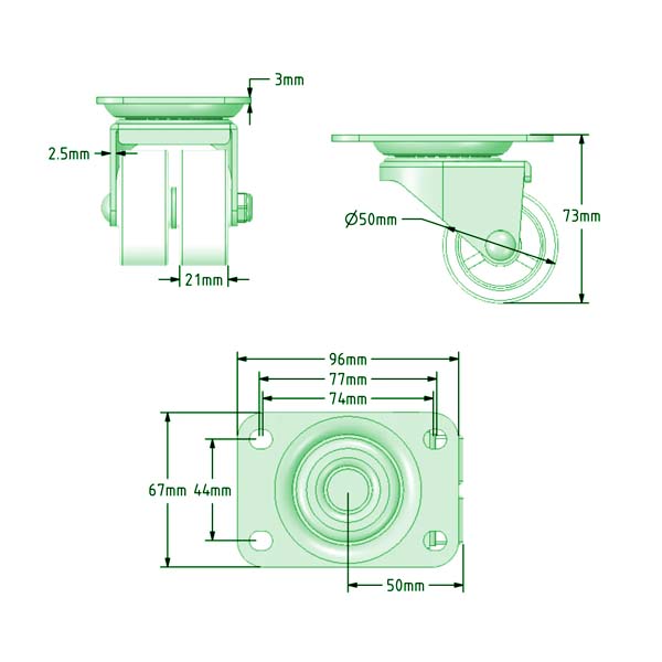 50mm Heavy Duty Twin Wheel Castor - 4 Bolt Fitting Plate 90kg Load Capacity