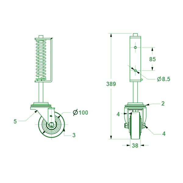 Heavy Duty Swivel Sprung loaded Gate Castor With 100mm Rubber Tyred Wheel