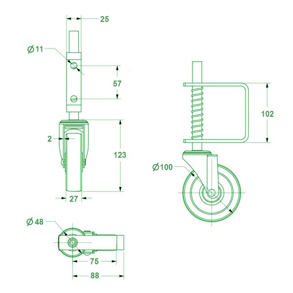 Light Duty 100mm Zinc Plated Sprung Swivel Gate Castor - 60kg Load Capacity