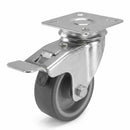 White Smoke 50mm Pressed Steel Swivel Castor with Brake, Grey Rubber Wheel - 4-Hole Top Plate - 50kg Load Capacity