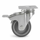 White Smoke 50mm Pressed Steel Swivel Castor with Brake, Grey Rubber Wheel - 4-Hole Top Plate - 50kg Load Capacity