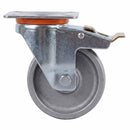 White Smoke 80mm Pressed Steel Swivel Castor with Brake - Grey Cast Iron Wheel & 4-Hole Plate - 120kg Max Load