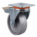 White Smoke 80mm Pressed Steel Swivel Castor with Brake - Grey Cast Iron Wheel & 4-Hole Plate - 120kg Max Load