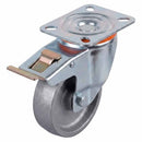 White Smoke 80mm Pressed Steel Swivel Castor with Brake - Grey Cast Iron Wheel & 4-Hole Plate - 120kg Max Load