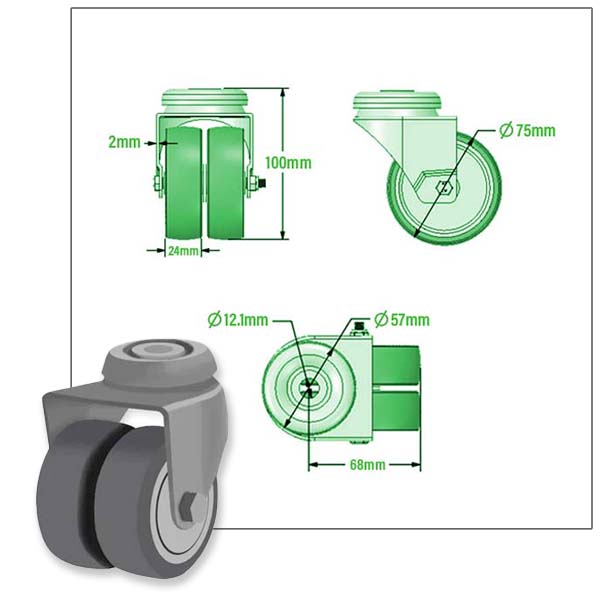 Dark Sea Green 75mm Apparatus Castors with Total Stop Brake, Single Bolt Fitting & Twin Grey Non Marking Wheel - 90kg Load Capacity